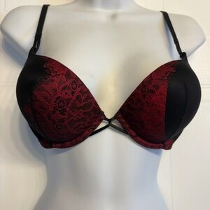 Victoria's Secret Bombshell Plunge Bra Women 34B Black Red Lace Push Up Lingerie